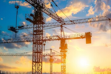 Construction Cranes Silhouetted Against a Sunset Sky