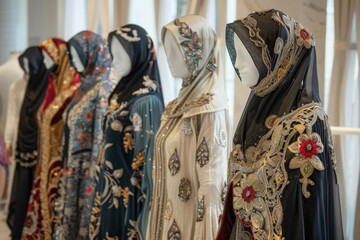 Elaborately Embroidered Abayas Displayed in a Museum Exhibit