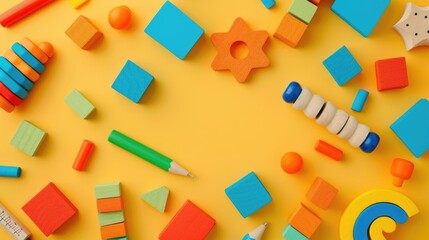 Colorful educational toy pattern background for kids with copy space Childhood learning concept in flat lay view