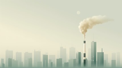 A city skyline with a large smokestack in the middle