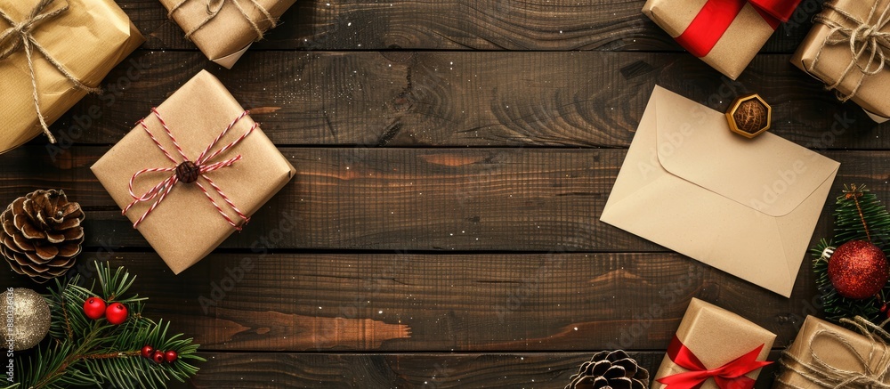 Poster wooden table set up with a christmas theme including a letter and gift boxes ideal for a festive cop