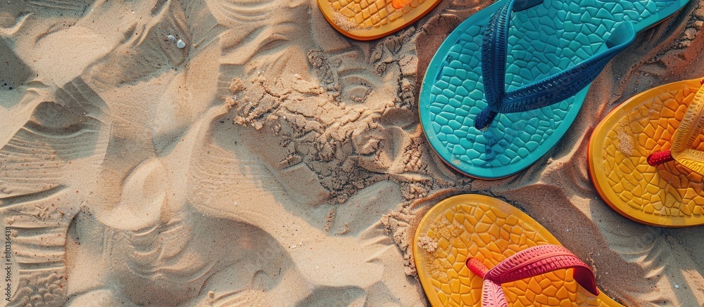 Poster vibrant flip flops spread out on sandy surface for a flat lay photo with copy space image