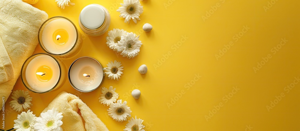 Aufkleber a spa themed flat lay arrangement with scented candles towel and lotion on a bright yellow surface p