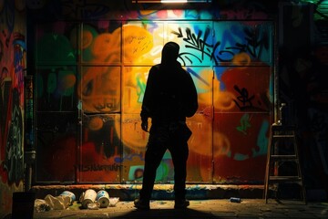 Silhouette of a Person Standing in Front of a Graffiti Covered Wall at Night