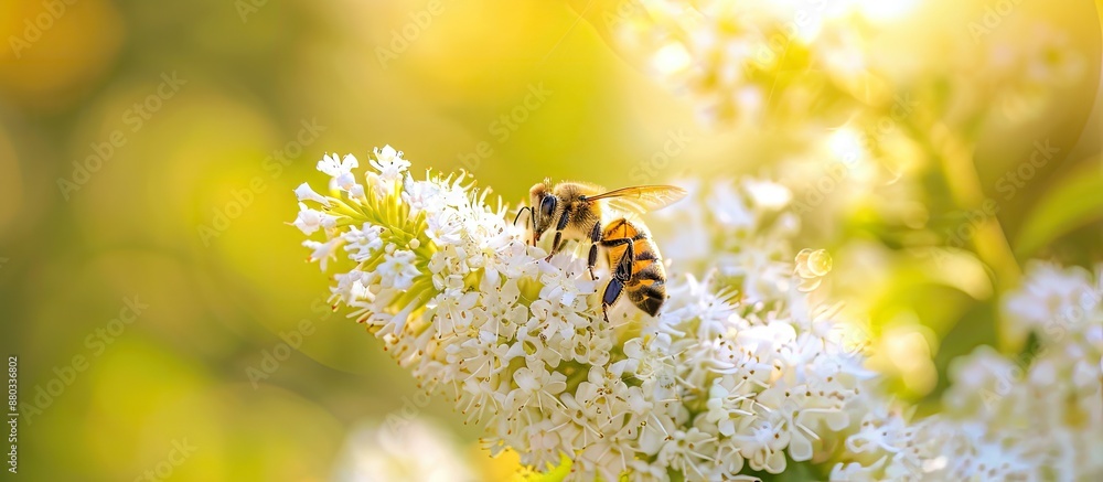 Poster bright sunny photo of a bee on a white spiraea meadowsweet flower with shallow depth of field includ