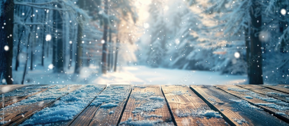 Poster blur winter forest background with empty wooden surface perfect for copy space image