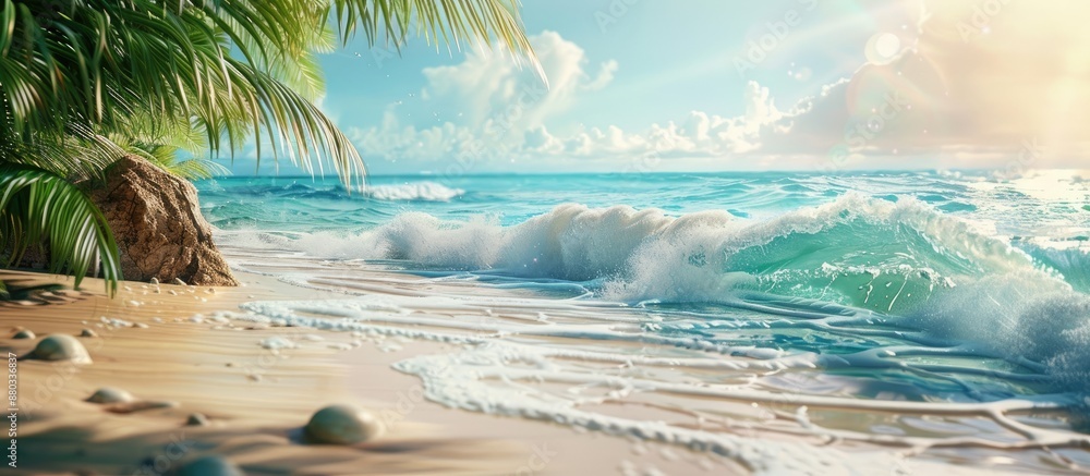 Poster Beach scene with sandy shore and ocean waves in a tropical setting is captured in the copy space image
