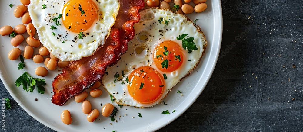 Aufkleber Morning meal featuring eggs beans and bacon on a plate with ample empty space suitable for adding a design or text known as a copy space image