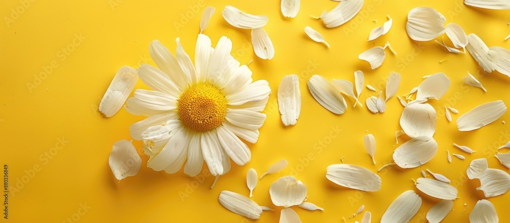 Fototapete chamomile flower and petals in a composition on a yellow backdrop with copy space image
