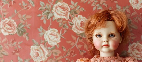 Fototapeta premium A doll placed against a background featuring a rose with plenty of copy space in the image