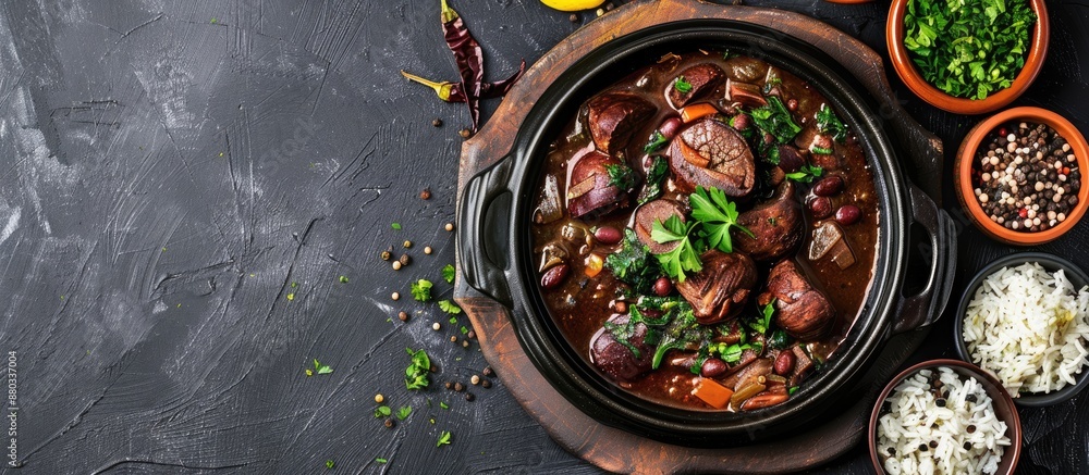 Poster top down view of a traditional brazilian feijoada dish with copy space image
