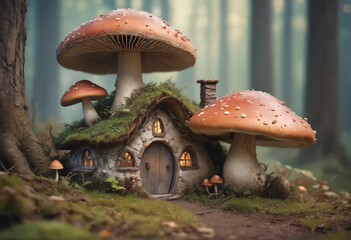 Close-up of a magical mushroom home in forest, blurred background