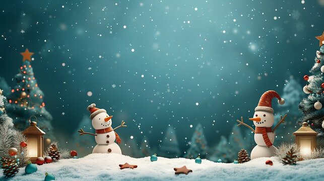 Cute snowmen on magic Christmas night background. Christmas decorations and religious holiday concept. Cartoon illustration with copy space for sign design, kids, poster, banner, greeting card	