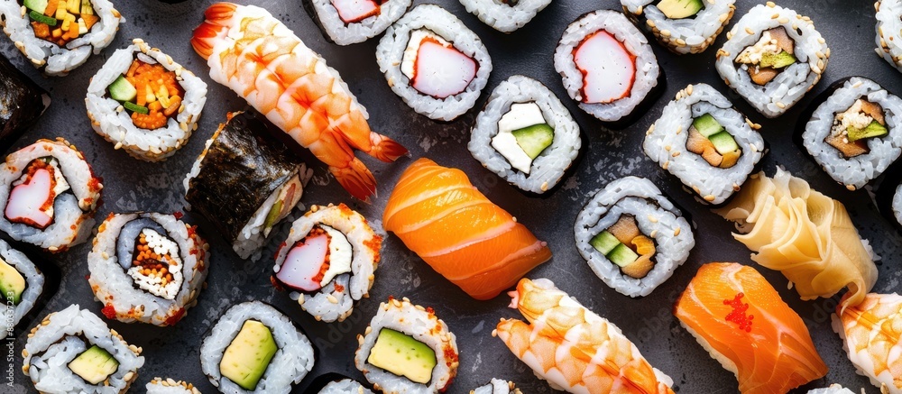 Aufkleber a delightful variety of sushi rolls like eel maki and philadelphia roll displayed with a blank area 