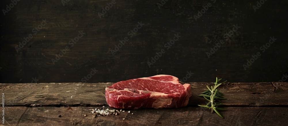 Aufkleber Beef steak displayed on a rustic table with a dark background providing ample copy space image