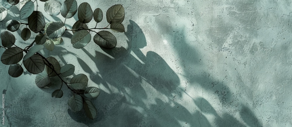 Leinwandbilder Abstract tree leaves casting shadows on a textured gray green concrete wall creating a trendy nature inspired background with a flat lay suitable for text or posters image. with copy space image
