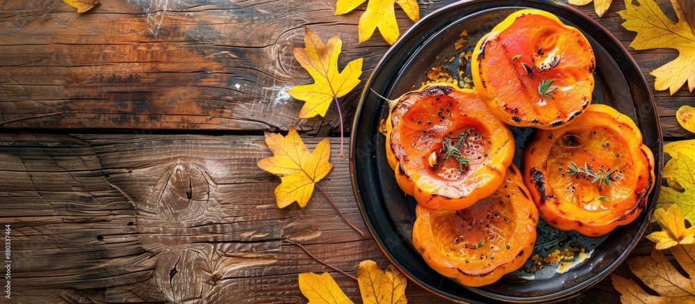 Poster Traditional fall treat of grilled pumpkin served warm as dessert on a rustic table with yellow leaves and viburnum Top view with copy space image ideal for Halloween