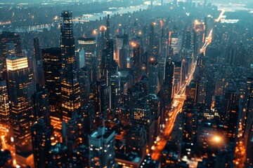 Obraz premium A stunning aerial view of Shanghai at night, with brightly lit skyscrapers and the Huangpu River reflecting the city lights, A sprawling cityscape with glowing lights at night, AI generated