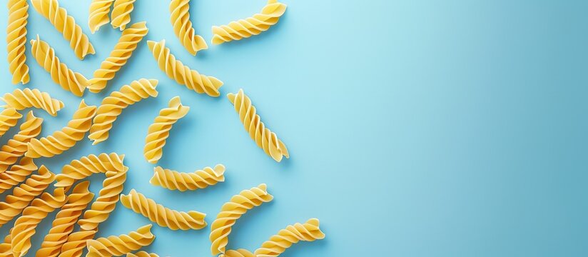 Trofie pasta uncooked on a light blue backdrop top down view with copy space image