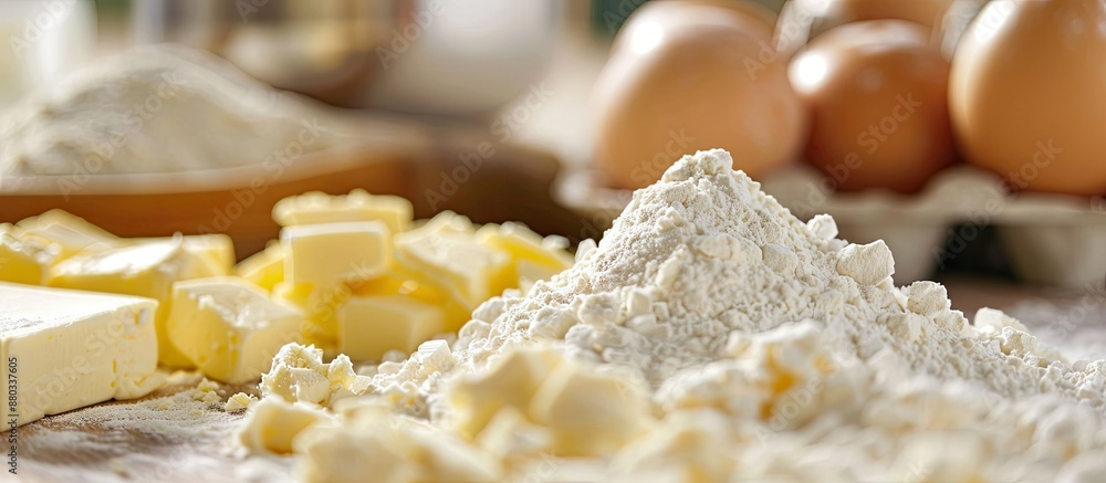 Poster close up of flour butter and eggs arranged on a kitchen table with copy space image