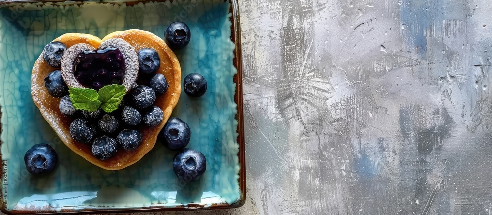 Poster blueberries and icing sugar top japanese style pancakes on a square green plate with a heart shaped 