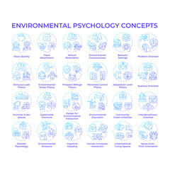 Environmental psychology blue gradient concept icons. Social settings and surroundings. Place identity. Mental health. Icon pack. Vector images. Round shape illustrations. Abstract idea