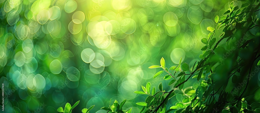 Poster Green blurred art with bokeh effect in a forest setting creates a tranquil ambiance and features ample copy space image