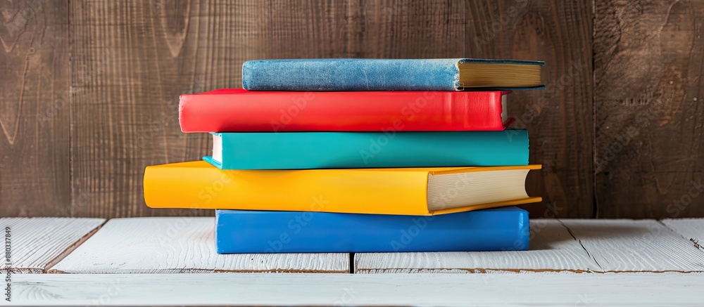 Poster education and back to school theme featuring a stack of vibrant hardcover books arranged on a white 