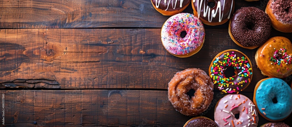 Aufkleber A variety of vibrant doughnuts with sweet toppings displayed on a rustic wooden surface shot from above to reveal a stylish presentation with ample copy space image