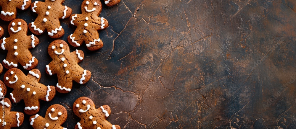 Poster Top down view of gingerbread cookies shaped like jolly men perfect for New Year and Christmas embodying festive traditions with focus on a long banner like image with ample copy space