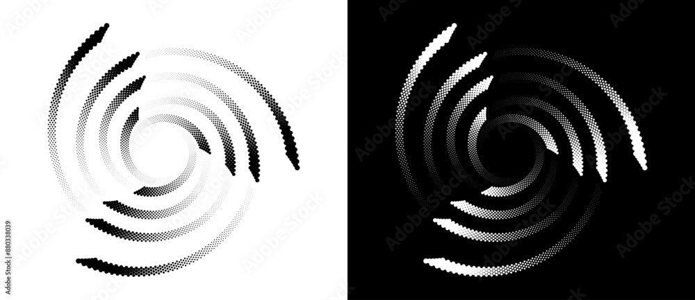 Fototapete Modern abstract background. Halftone dots in spiral. Round logo. Vector dotted frame. Design element or icon. Black shape on a white background and the same white shape on the black side.