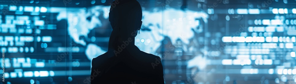 Aufkleber the silhouette of a logistics manager is juxtaposed with a futuristic digital screen showcasing glob