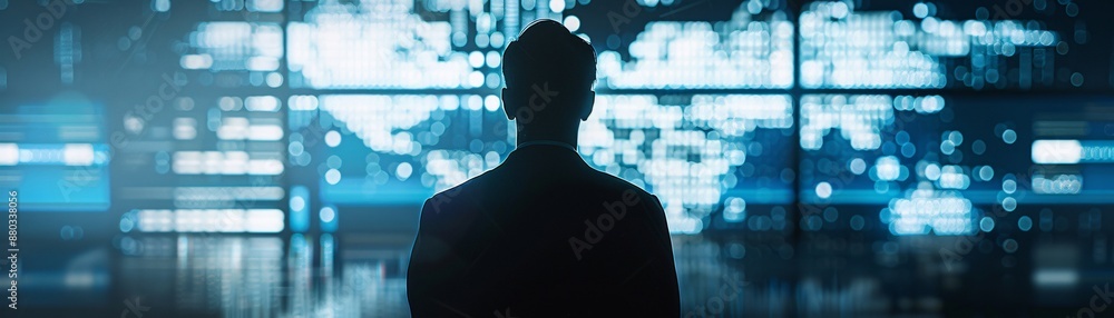 Poster the silhouette of a logistics manager is juxtaposed with a futuristic digital screen showcasing glob