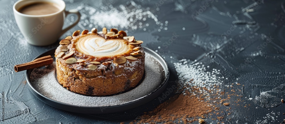 Poster decadent dessert pairing of cappuccino and cinnamon plum cake topped with chopped almonds great for 
