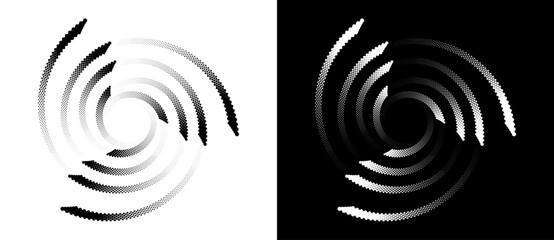 Modern abstract background. Halftone dots in spiral. Round logo. Vector dotted frame. Design element or icon. Black shape on a white background and the same white shape on the black side.