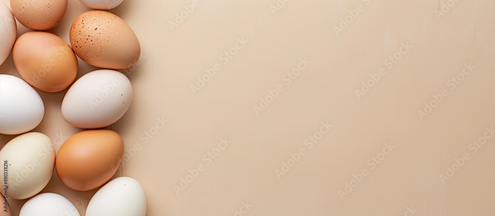 Poster fresh chicken eggs neatly arranged with copy space image on a light beige background