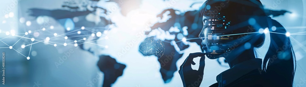 Poster the silhouette of a logistics manager interacts with a virtual map showcasing global distribution ne