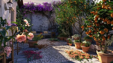 Obraz premium A small, charming courtyard garden with potted citrus trees, blooming flowers, and a cozy seating area.