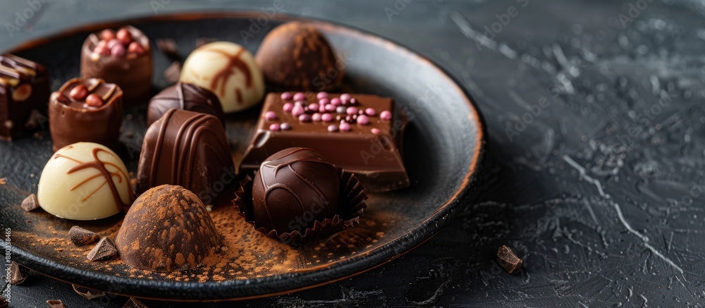 Poster stylish dish showcasing assorted chocolate candies with a chocolate background ideal for a copy spac