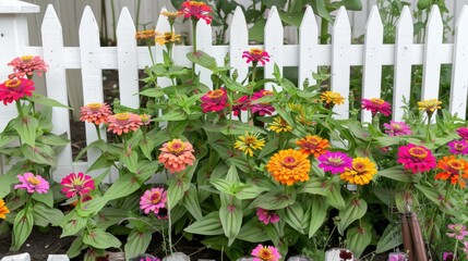 A small, charming garden with a variety of colorful zinnias, surrounded by a white picket fence.