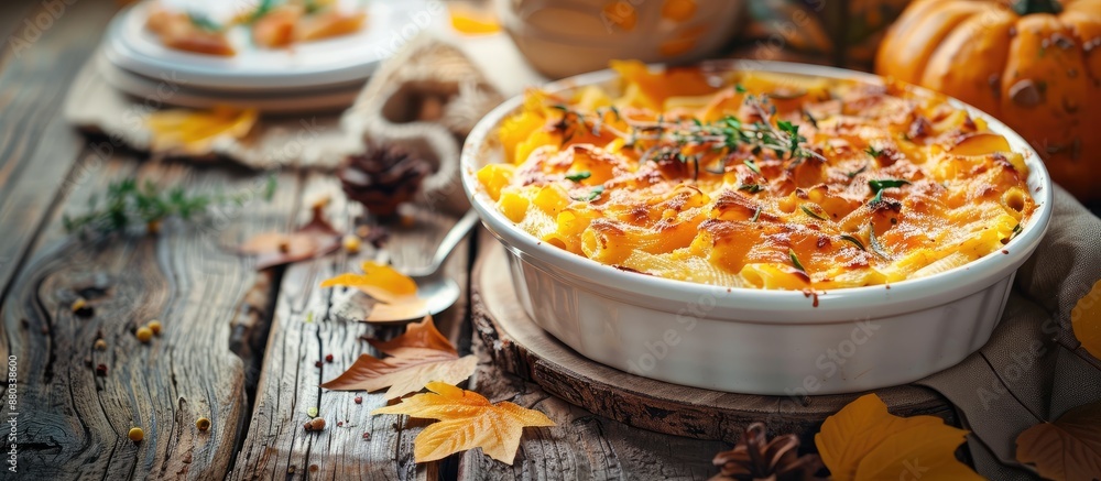 Poster delicious pumpkin and penne gratin with a rustic charm perfect as a cozy fall dish displayed in a wa