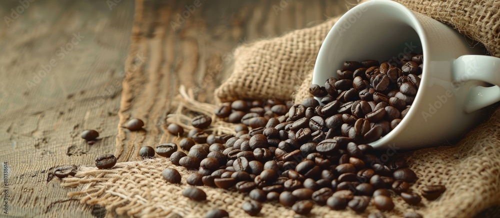 Poster favorite drink represented by coffee beans spilling over a white cup set against a burlap sack in a 
