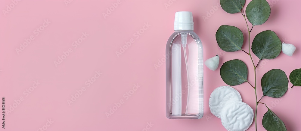 Poster Micellar water bottle with eucalyptus branch and cotton pads on a pink background with a clear space for text or product display in the image. with copy space image. Place for adding text or design