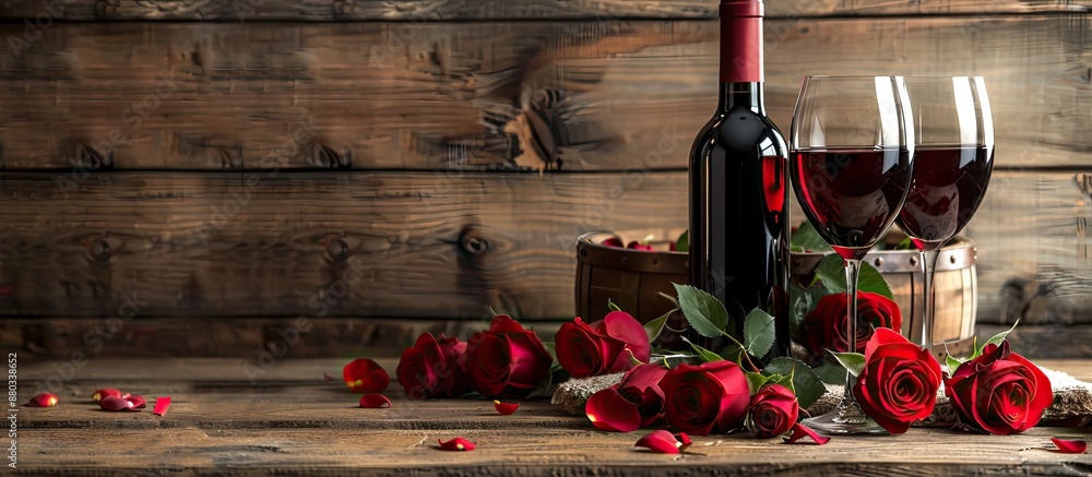 Poster a charming arrangement featuring wine and roses set against a rustic wooden backdrop ideal for a cop