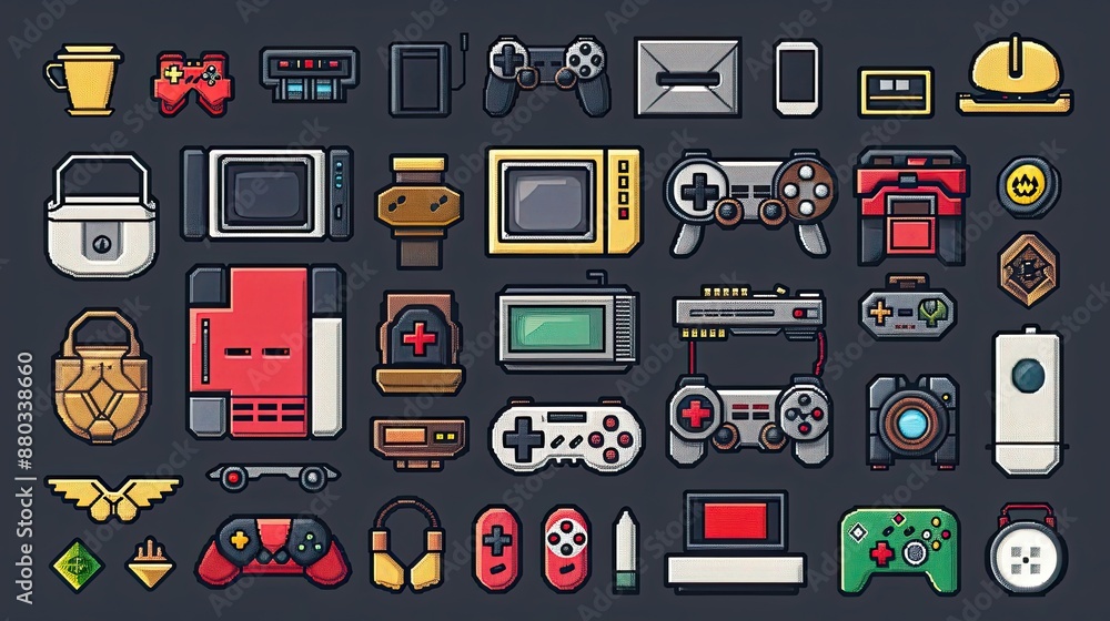 Poster retro pixel art icons with nostalgic 8-bit designs.