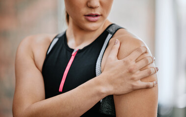 Girl, hand and shoulder pain in gym for muscle strain, inflammation or fibromyalgia in fitness...