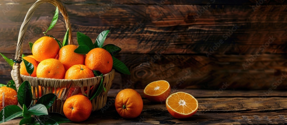 Leinwandbilder Rustic wooden backdrop with a basket of tangerines oranges and mandarins featuring citrus fruits and leaves with copy space image