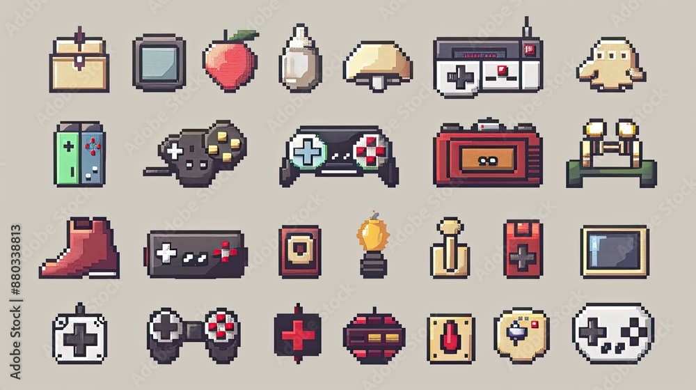 Fototapete retro pixel art icons with nostalgic 8-bit designs.