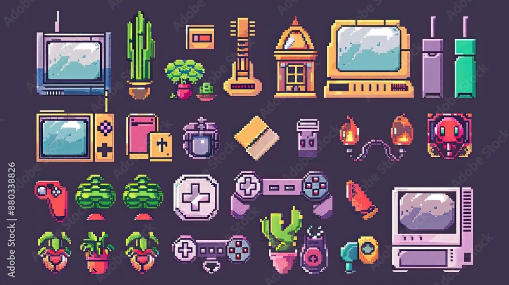 Fototapete retro pixel art icons with nostalgic 8-bit designs.