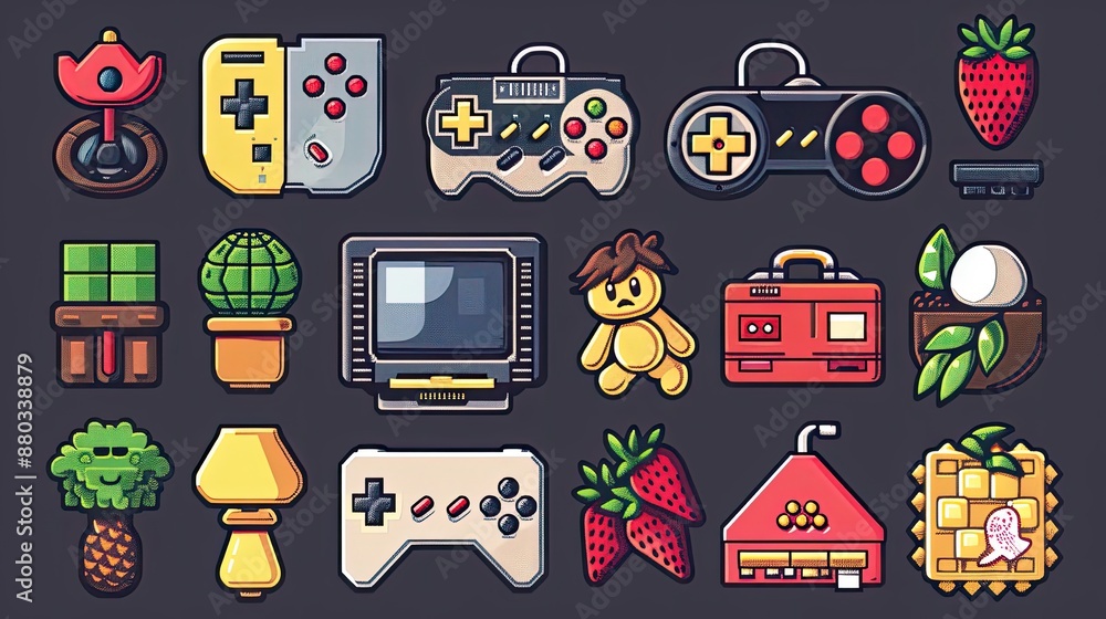 Poster retro pixel art icons with nostalgic 8-bit designs.